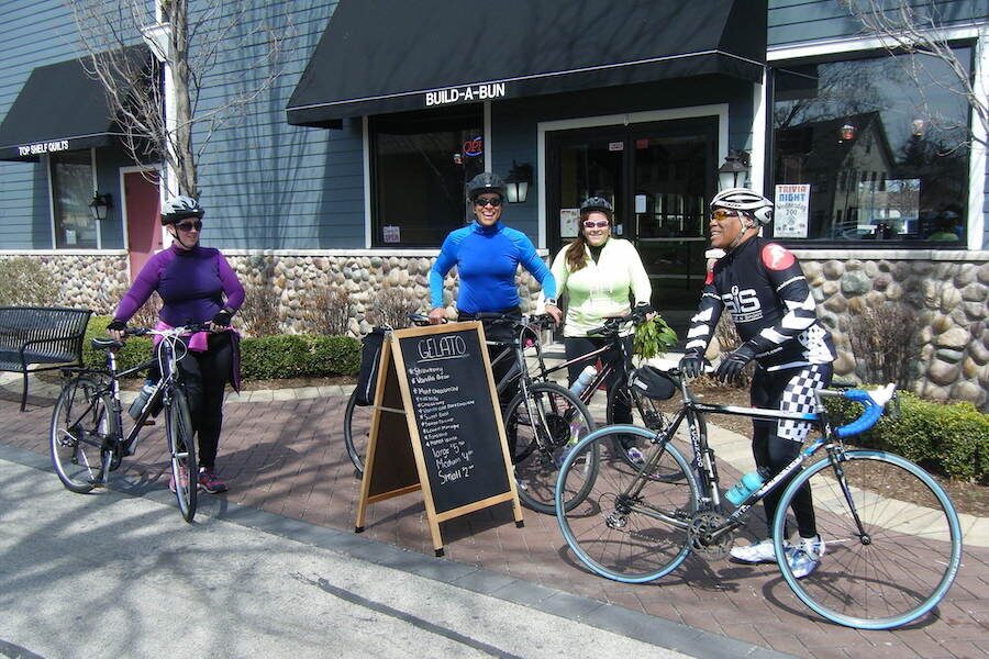 Riders stop for a refreshment along the Old Plank Road Trail in Frankfurt, Illinois | Photo by TrailLink user antonlove1