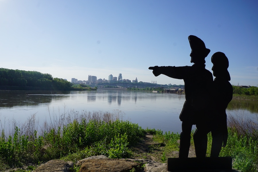 A cutout sculpture commemorates the spot at Kaw Point where Meriwether Lewis and William Clark famously stopped during their 1804 exploration of the vast region west of the Mississippi River. Today, the point is the site of the 10-acre Kaw Point Park. | Photo by Cindy Barks