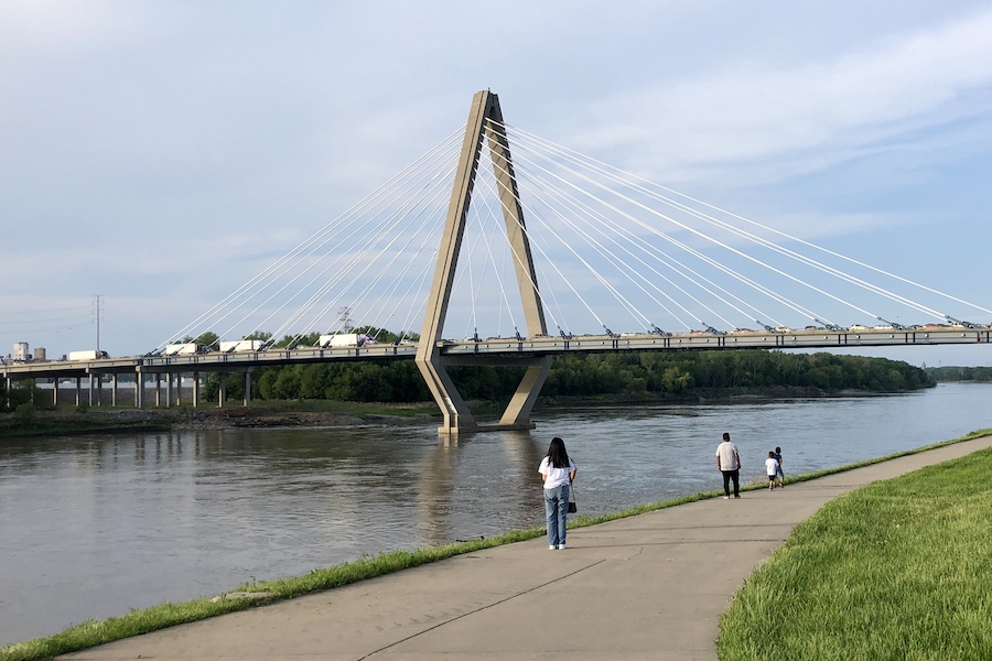The cable-stayed Christopher S. Bond Bridge is one of the numerous Kansas City bridges that cross the Missouri River. The Riverfront Heritage Trail passes by the picturesque bridge, which was built in 2010. | Photo by Cindy Barks