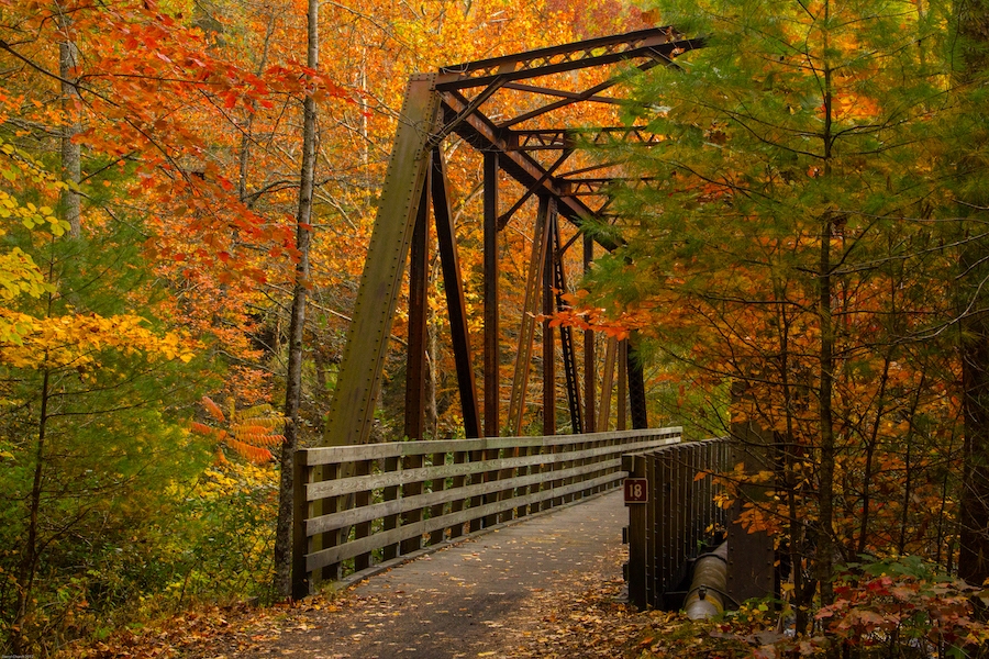 The Virginia Creeper Trail stretches almost 33 miles through woodlands, rolling farmland and charming small towns. Look for its railroad remnants, including numerous bridges, depots, and trailside railcars and engines. Photo by Darryl Church.
