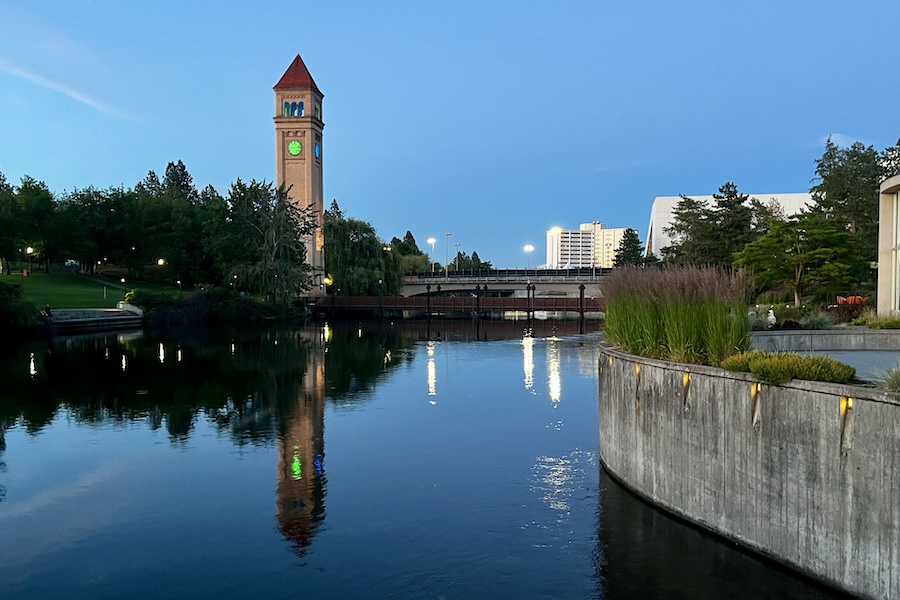 The 1902-era Great Northern Clocktower is a prominent landmark along the Spokane River Centennial State Park Trail and downtown Spokane’s stretch of the Spokane River. Photo by Cindy Barks