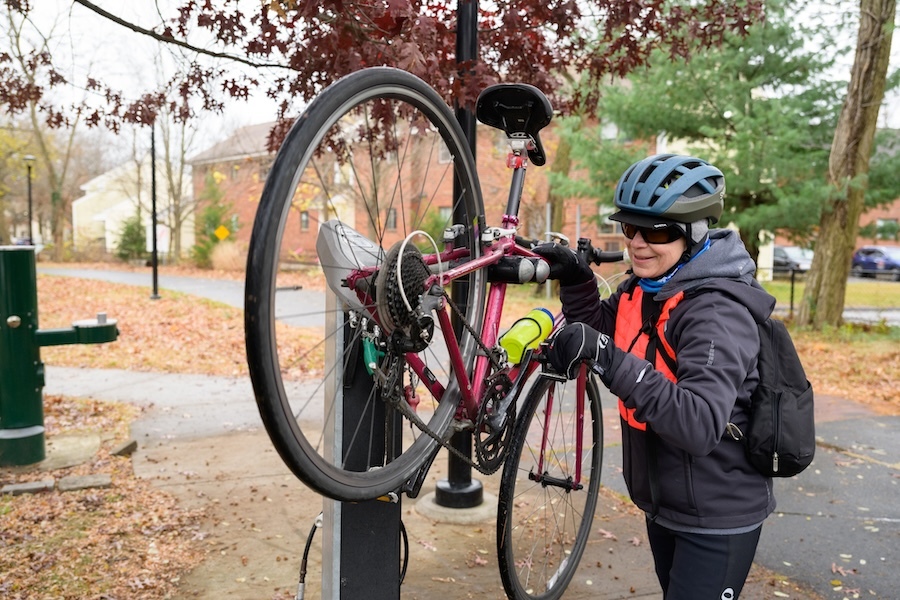A bike repair station along the Farmington Canal Heritage Trail in New Haven | Photo by John Munno