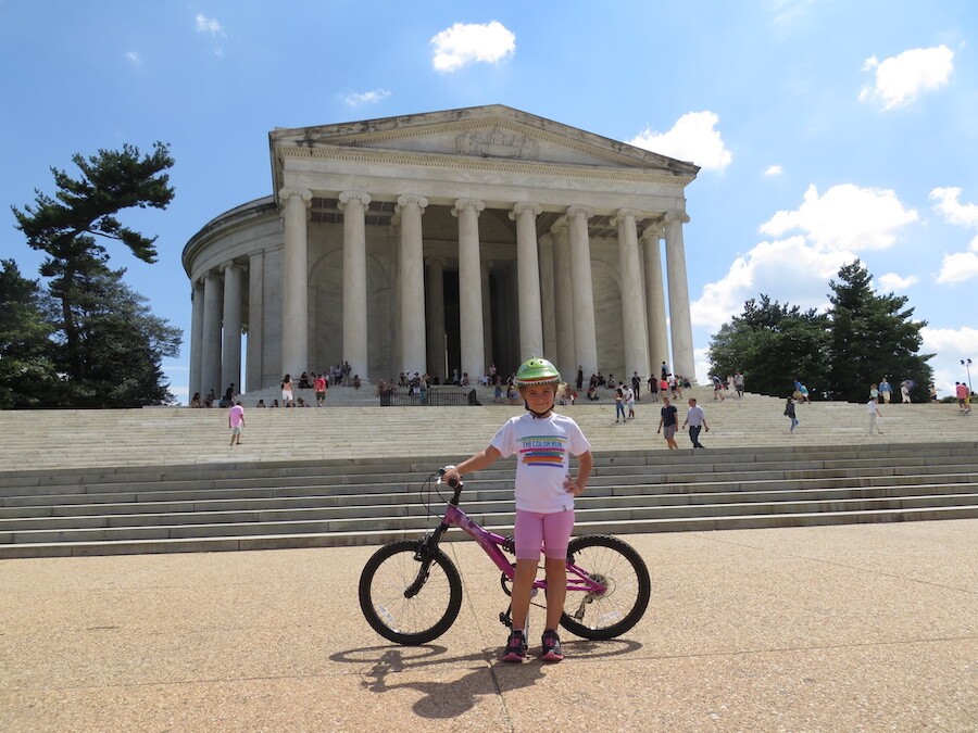 Biking to Washington, DC's Lincoln Memorial on the bike she nicknamed Diamond Wheels | Photo by Scott Stark