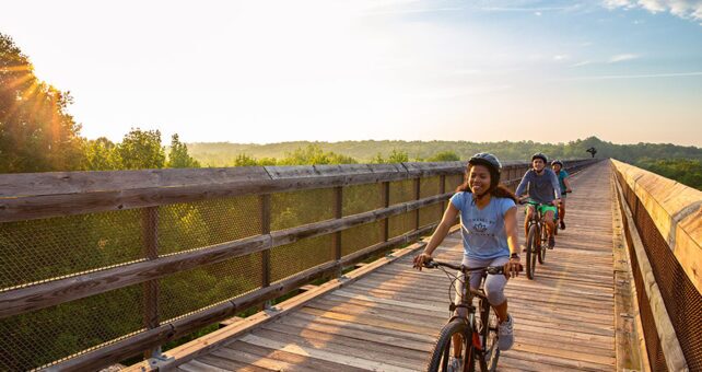 High Bridge Trail State Park is a multi-use trail ideally suited for hiking, bicycling and horseback riding. Its centerpiece is the majestic High Bridge, which is more than 2,400 feet long and 160 feet above the Appomattox River. The majestic bridge was built in 1853 as part of the South Side Railroad. Virginia Tourism Corporation, www.Virginia.org