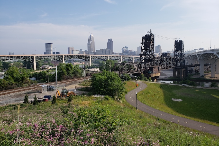 The four friends began their journey at the north end of the Ohio to Erie Trail on the Lake Erie shoreline and continued through Cleveland on the Ohio &amp; Erie Canal Towpath Trail, which spans more than 80 miles. Ohio to Erie Trail in Cleveland | Photo by Eli Griffen