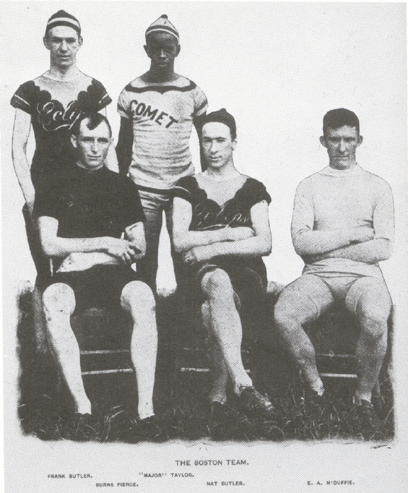 The integrated Boston pursuit team of 1897, left to right: Frank Butler, Burns Pierce, Major Taylor, Nat Butler, Eddie McDuffie. In Taylor's first season as a professional, he was on this team that raced against a team from Philadelphia in July 1897. This is possibly the earliest photo of an integrated American professional sports team. It appeared in Bearings, July 29, 1897, and is held in the Library of Congress. | Courtesy Major Taylor Association, Inc.