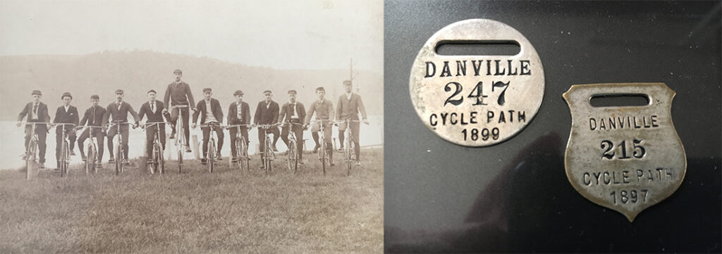 The Danville Bicycle Club (left) in Pennsylvania sold membership badges (right) in the 1890s for use of the Danville Cycle Path, now known as the J. Manley Robbins Trail, in Montour County. | Courtesy Sis Hause, Montour County Historical Society
