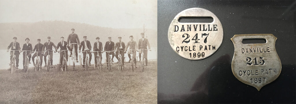 The Danville Bicycle Club (left) in Pennsylvania sold membership badges (right) in the 1890s for use of the Danville Cycle Path, now known as the J. Manley Robbins Trail, in Montour County. | Courtesy Sis Hause, Montour County Historical Society