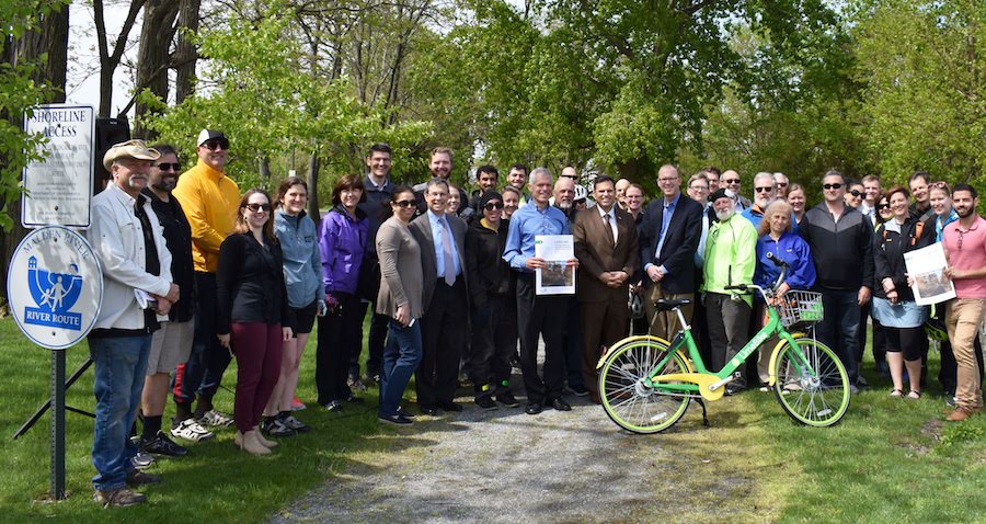 MAPC and local partners roll out the LandLine Vision Plan in Malden, Massachusetts, at the entrance to the Malden River Greenway. | Photo courtesy MAPC