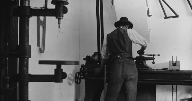 Wilbur Wright working in the Wright brothers’ Dayton, Ohio, bicycle shop in 1897