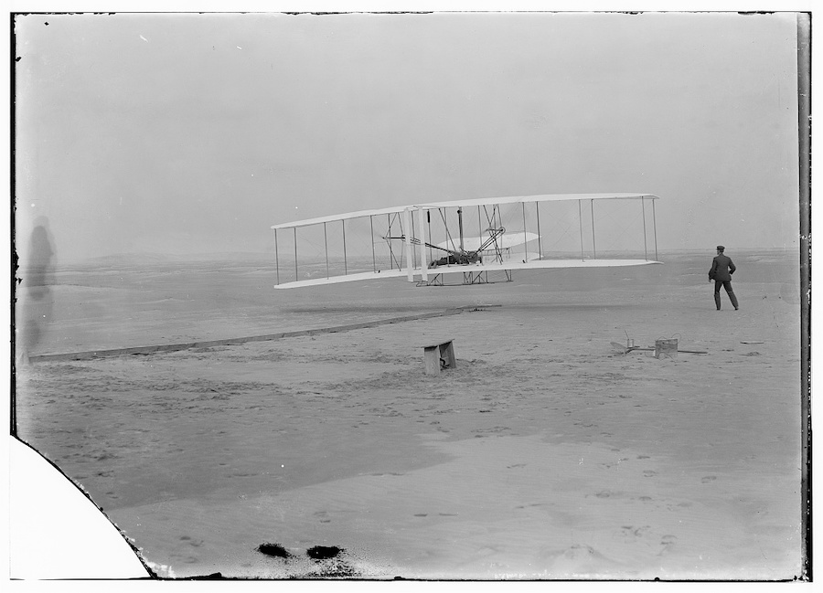 Wilbur and Orville Wright’s first flight at Kitty Hawk traveled 120 feet and lasted 12 seconds on December 17, 1903.