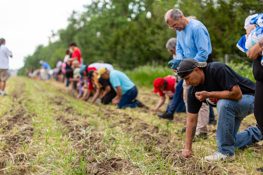 Volunteers participate in a sacred corn planting in 2019, sowing the seeds by hand. | Photo by Alex Matzke, courtesy Bold Nebraska