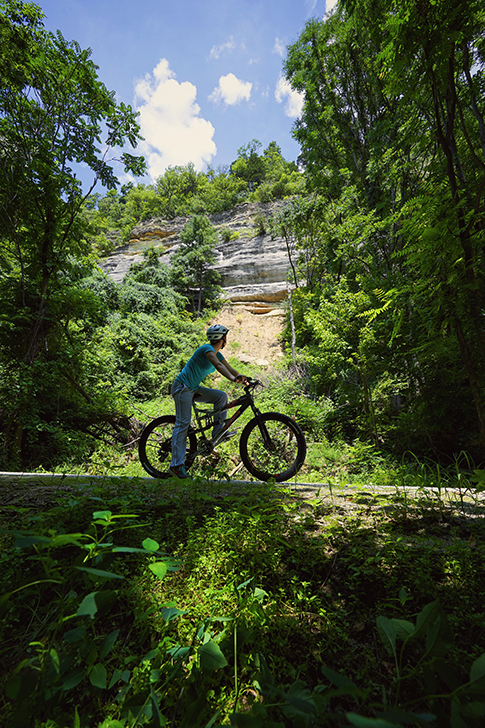 A bicyclist stops to admire the limestone bluffs along the Katy Trail. | Photo by Aaron Fuhrman