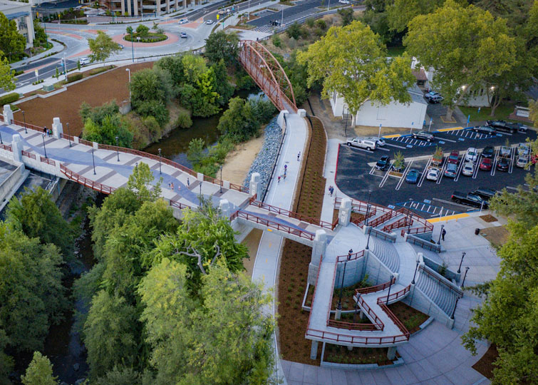 A bird’s eye view of the trails and pedestrian bridges recently constructed in Downtown Roseville | Courtesy City of Roseville