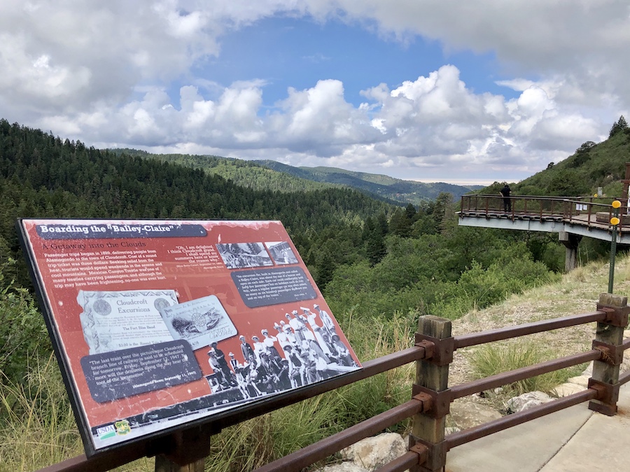 A historic overlook along Highway 82 features interpretive signs that tell the story of the Cloud-Climbing Railroad, known as “a gateway into the clouds.” A lookout platform provides a spot for viewing the restored Mexican Canyon Trestle far below. | Photo by Cindy Barks
