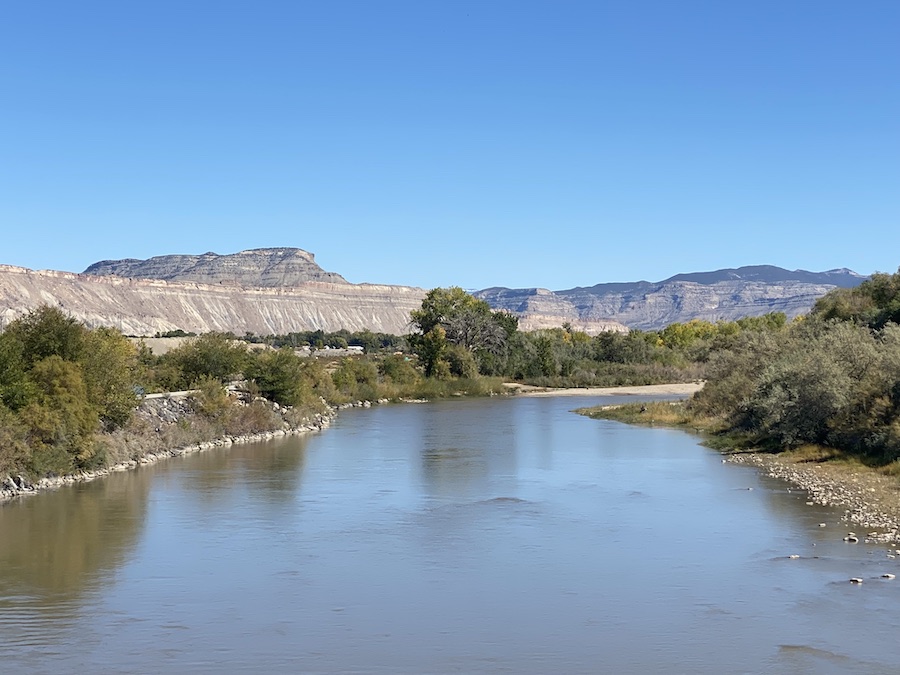 A mountain view from a pedestrian bridge along the Colorado Riverfront Trail in Grand Junction