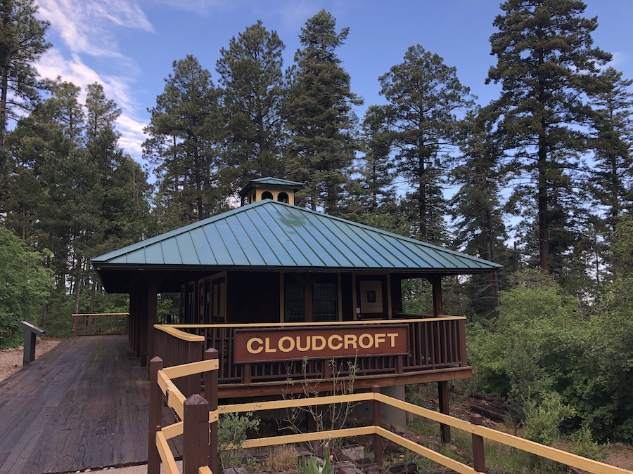 A replica Cloudcroft Train Station is the centerpiece of the Mexican Canyon Trestle trailhead. Along with the restrooms in the building, the trailhead also includes picnic tables and interpretive signs telling the history of the area. | Photo by Cindy Barks