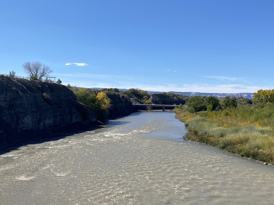 A sweeping view of the Colorado River from a pedestrian bridge along the trail