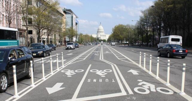 A two-way cycle track in the median of Pennsylvania Ave. in Washington, D.C. - Photo by Elvert Barnes courtesy pedbikeimages.org