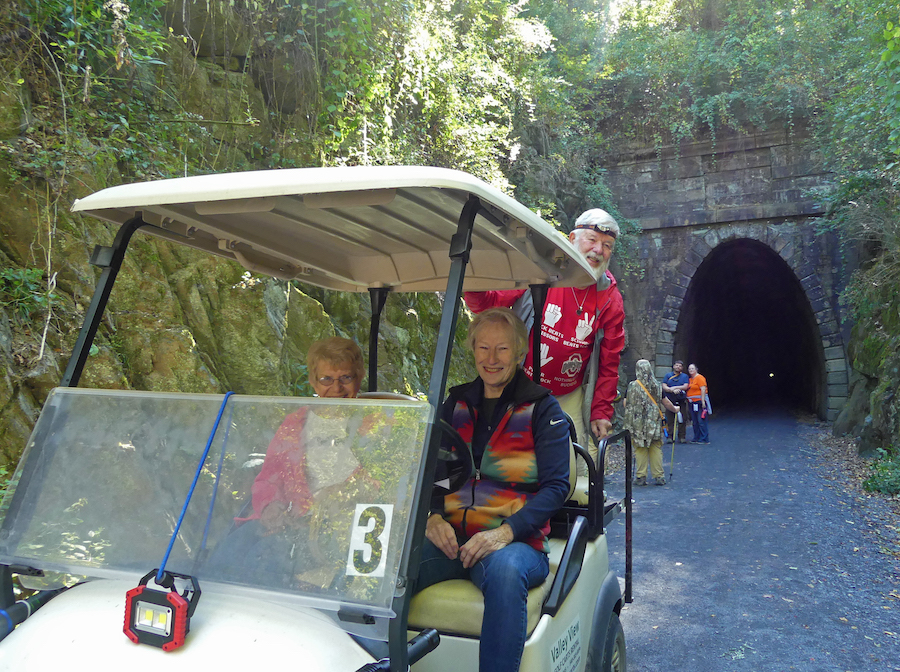 A volunteer driver and her guests just outside the western portal of the Blue Ridge Tunnel on accessibility day. | Photo by Nancy Sorrells