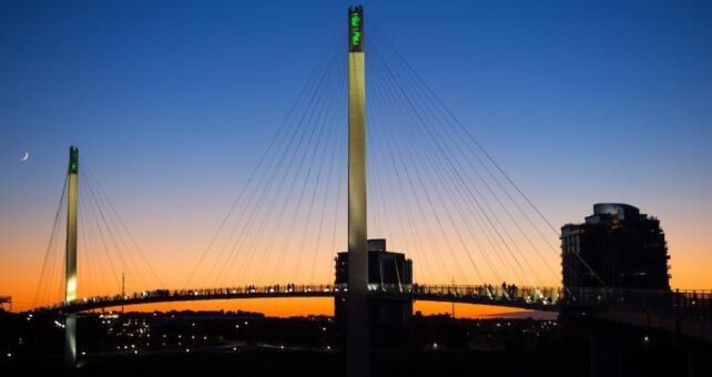 Bob Kerrey Pedestrian Bridge connecting Council Bluffs, Iowa, and Omaha, Nebraska | Photo by Matthew Nissen