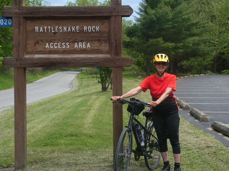 Carol Walter at Rattlesnake Rock Access Area along Pennsylvania's Pine Creek Rail Trail | Photo courtesy Joe Rebar