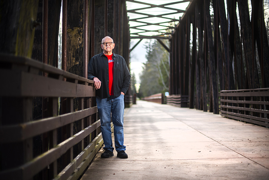 Chairman W. Ron Allen of the Jamestown S’Klallam Tribe on the Dungeness River trestle along the ODT, which the tribe owns | Photo by Jesse Major, courtesy RTC