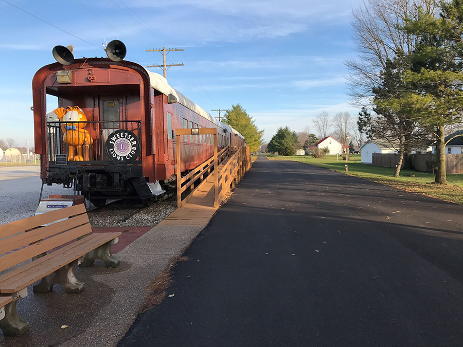 College Bound Garfield waving on the Sweetser Switch Trail in Indiana | Photo courtesy Sweetser Parks Board