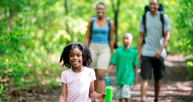 A family of four are hiking through the woods on a beautiful sunny spring day. The are walking on a footpath and there are green trees all around them. (A family of four are hiking through the woods on a beautiful sunny spring day. The are walking on