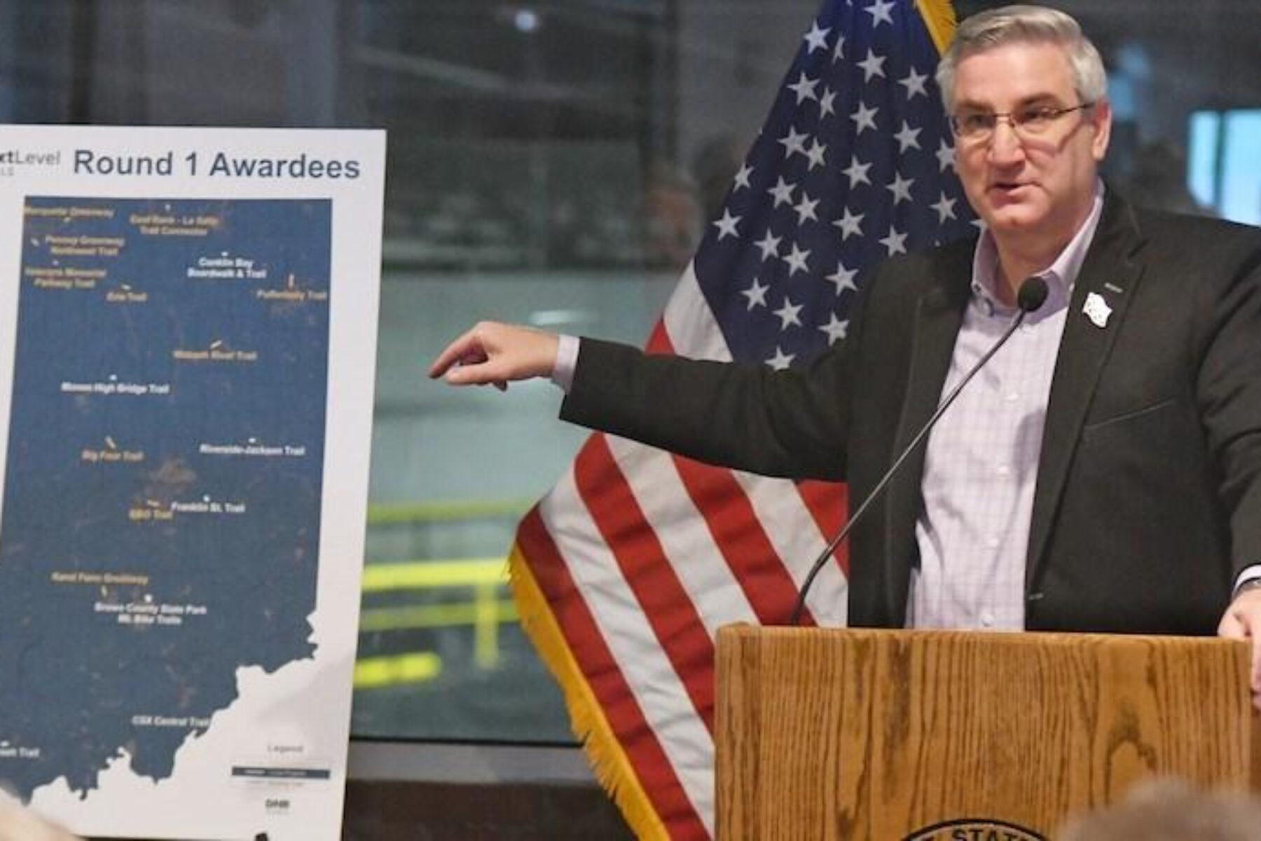 Gov. Eric Holcomb at the Next Level Trails program announcement in 2019 | Courtesy Indiana Department of Natural Resources