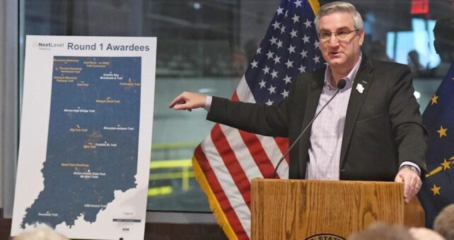 Gov. Eric Holcomb at the Next Level Trails program announcement in 2019 | Courtesy Indiana Department of Natural Resources