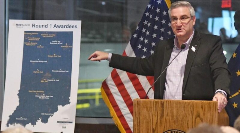 Gov. Eric Holcomb at the Next Level Trails program announcement in 2019 | Courtesy Indiana Department of Natural Resources