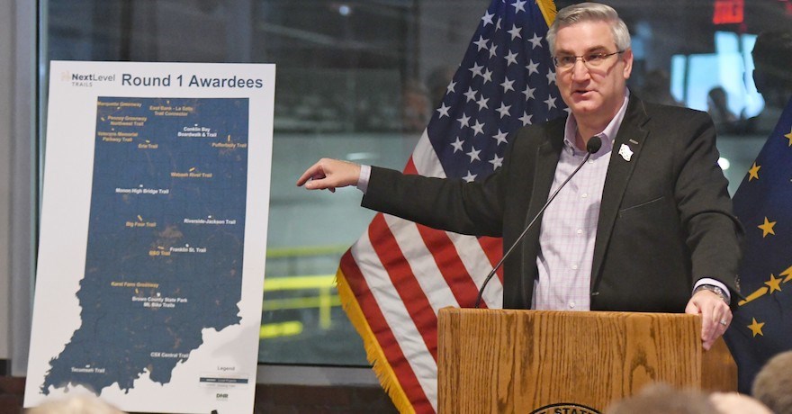 Gov. Eric Holcomb at the Next Level Trails program announcement in 2019 | Courtesy Indiana Department of Natural Resources