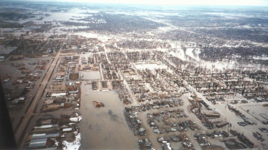 Grand Forks viewed from a helicopter during the 1997 Red River flood | Photo by U.S. Army Corp of Engineers