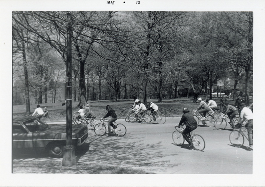 Harris leading his Pittsburgh Steelers supporter group on a ride in Pittsburgh’s Squirrel Hill neighborhood in 1973 | Photo courtesy Pittsburgh City Archives, Office of the Controller