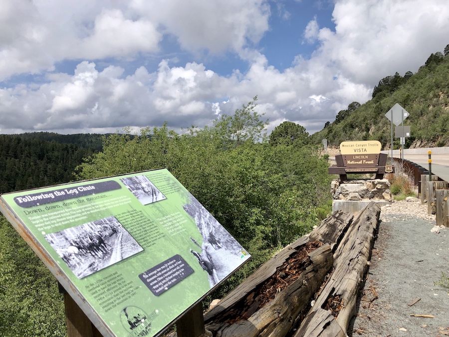 In the 1890s, the logging industry was booming in the Sacramento Mountains of southern New Mexico. A sign at the Highway 82 Cloud-Climbing Railroad Vista Overlook tells the history of the industry in the area. | Photo by Cindy Barks