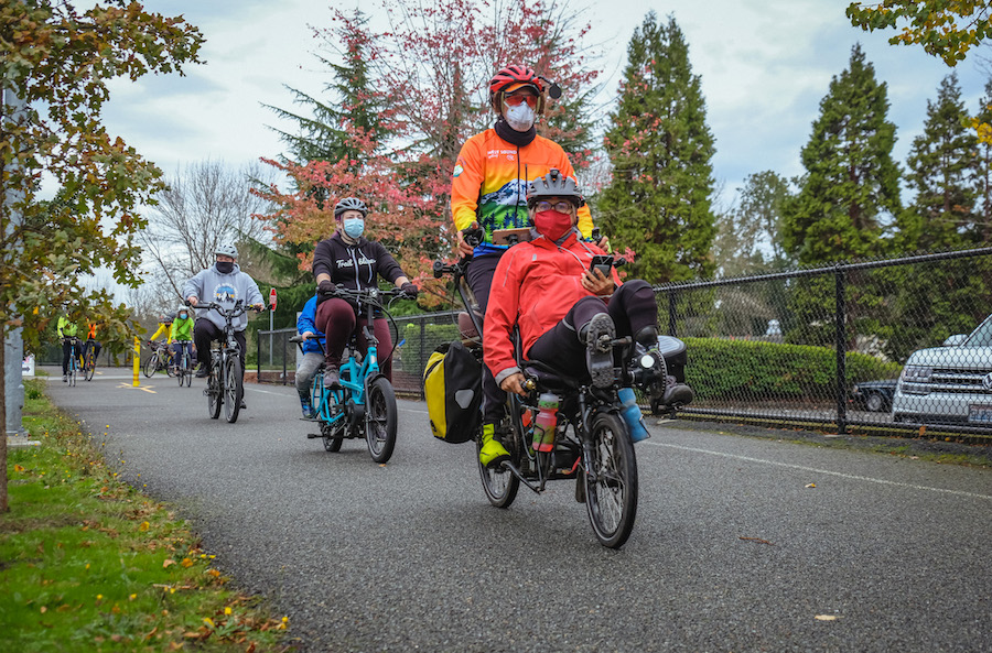 Leafline Trails Coalition supporters on a policy ride in Snohomish County on the Lakeview Trail, riding a variety of ebikes | Photo by Eli Brownell, courtesy King County Parks