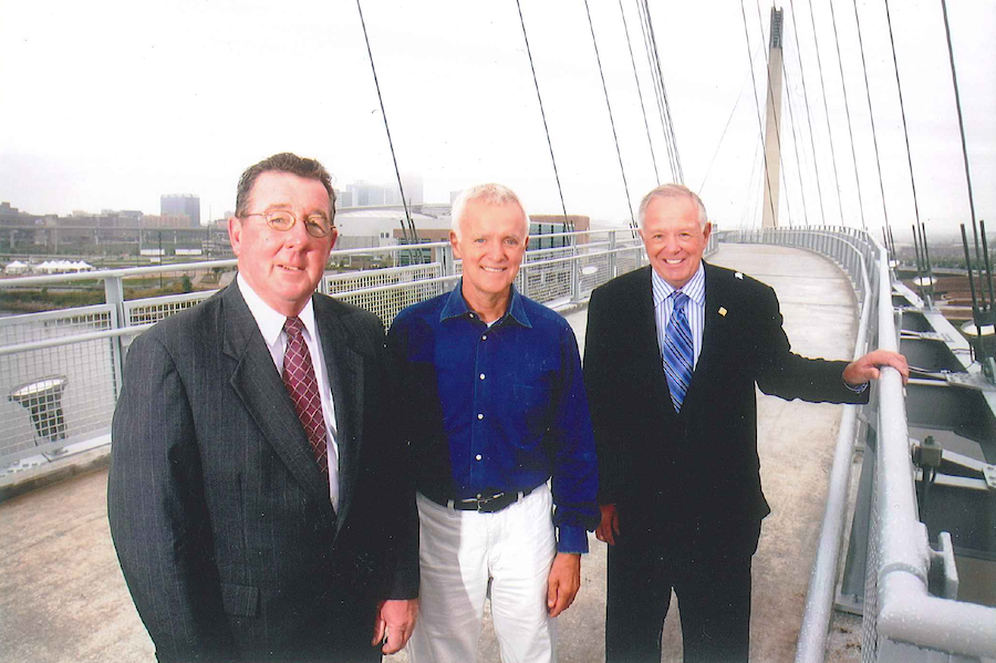 Left to Right: Council Bluffs Mayor Tom Hanafan, U.S. Senator Bob Kerrey and Omaha Mayor Mike Fahey at the time of the bridge opening. | Photo courtesy Tom Hanafan, Council Bluffs Area Chamber of Commerce
