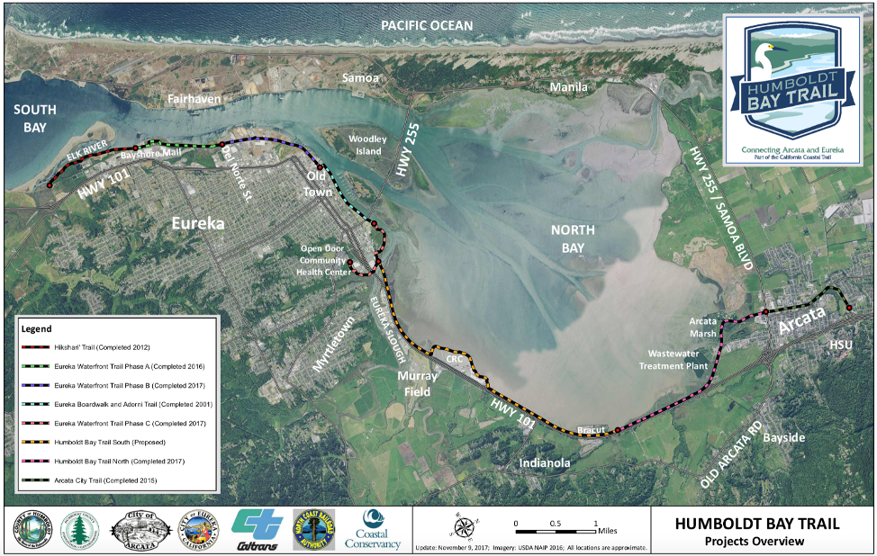 Map of Humboldt Bay trail projects in development (part of the Great Redwood Trail network) | Courtesy Humboldt County Association of Governments