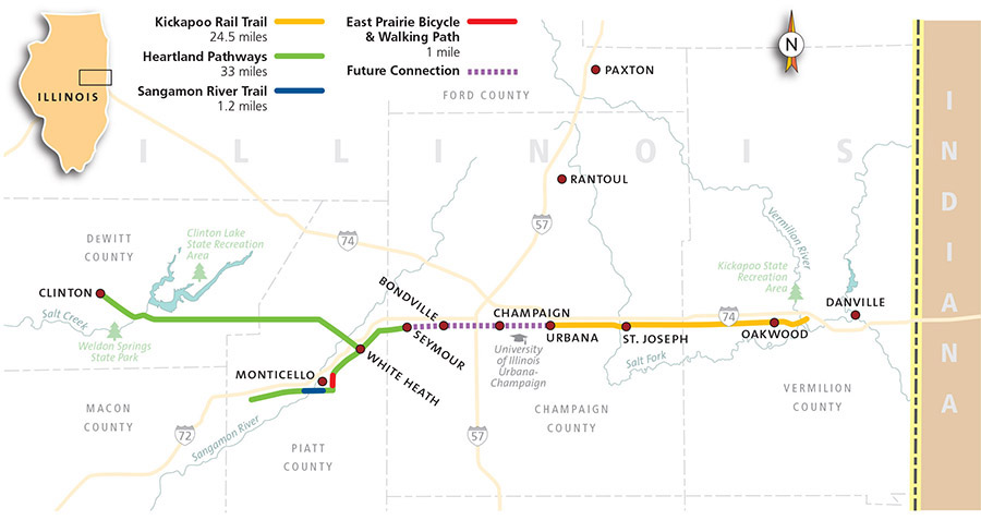 Map of the Heartland Pathways and Kickapoo Rail Trail corridors in Illinois (as of 2016) | Illustrated by Danielle Marks
