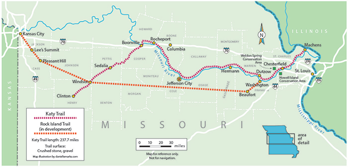 Map of the Katy Trail State Park in Missouri | Illustration by Danielle Marks