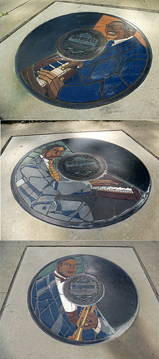 Medallions celebrating storied musical artists grace the Gennett Records Walk of Fame; pictured are Duke Ellington, Jelly Roll Morton and King Oliver. | Courtesy Natasha Marco