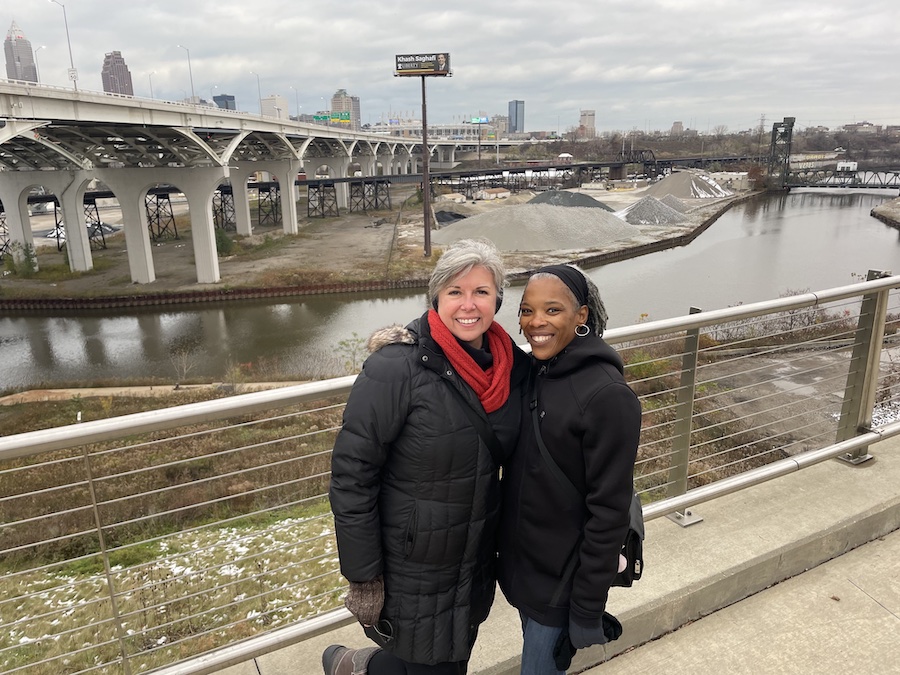 Mera Cardenas, Executive Director of Canalway Partners, and Diana Hildebrand, Education and Outreach Manager for Bike Cleveland, on the Ohio & Erie Canal Towpath in 2022 | Photo by Cory Matteson