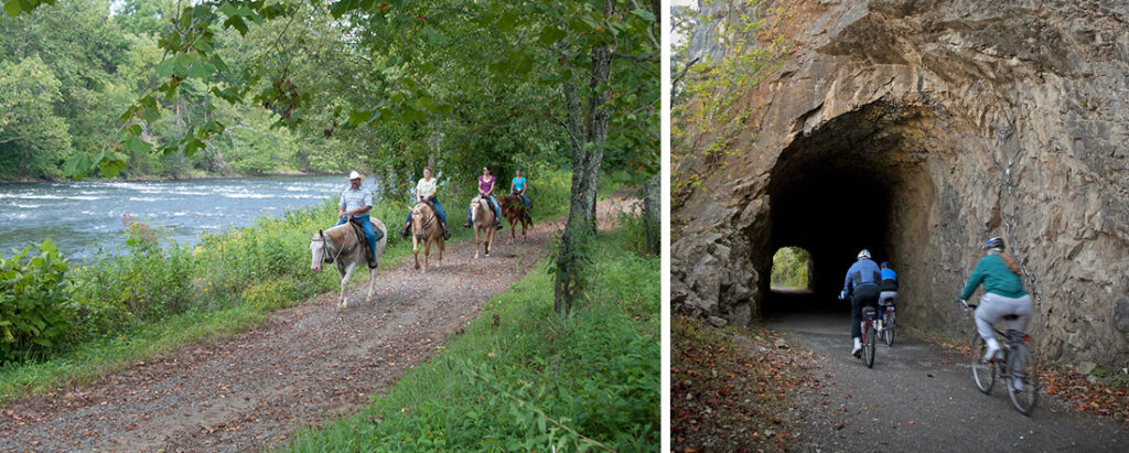 Pictured left- group horse ride along the river | Courtesy Virginia DCR — Pictured right- Riders enter one of the two tunnels located on the New River Trail. | Photo by Gene Dalton