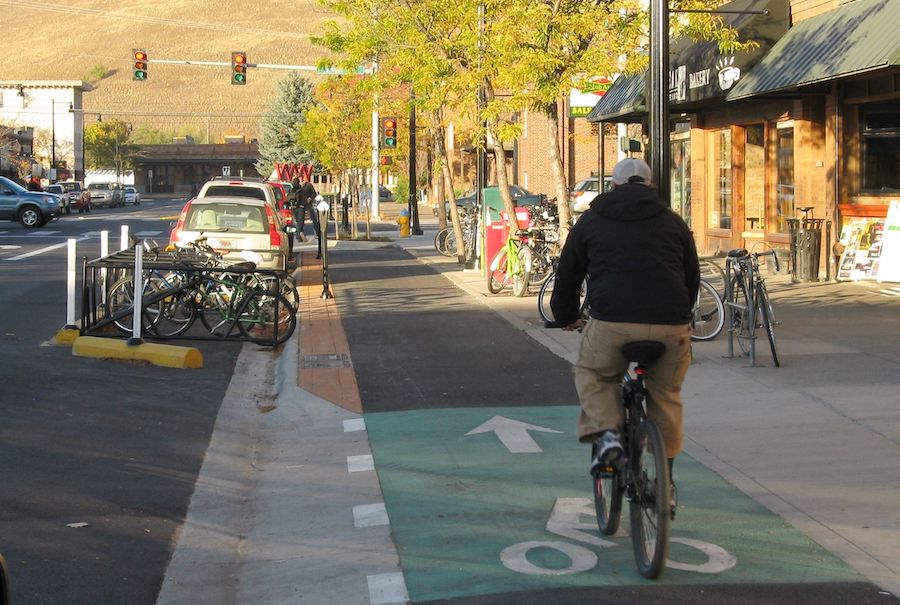 Protected bike lane on Higgins Ave in Missoula, MT | Photo courtesy of City of Missoula