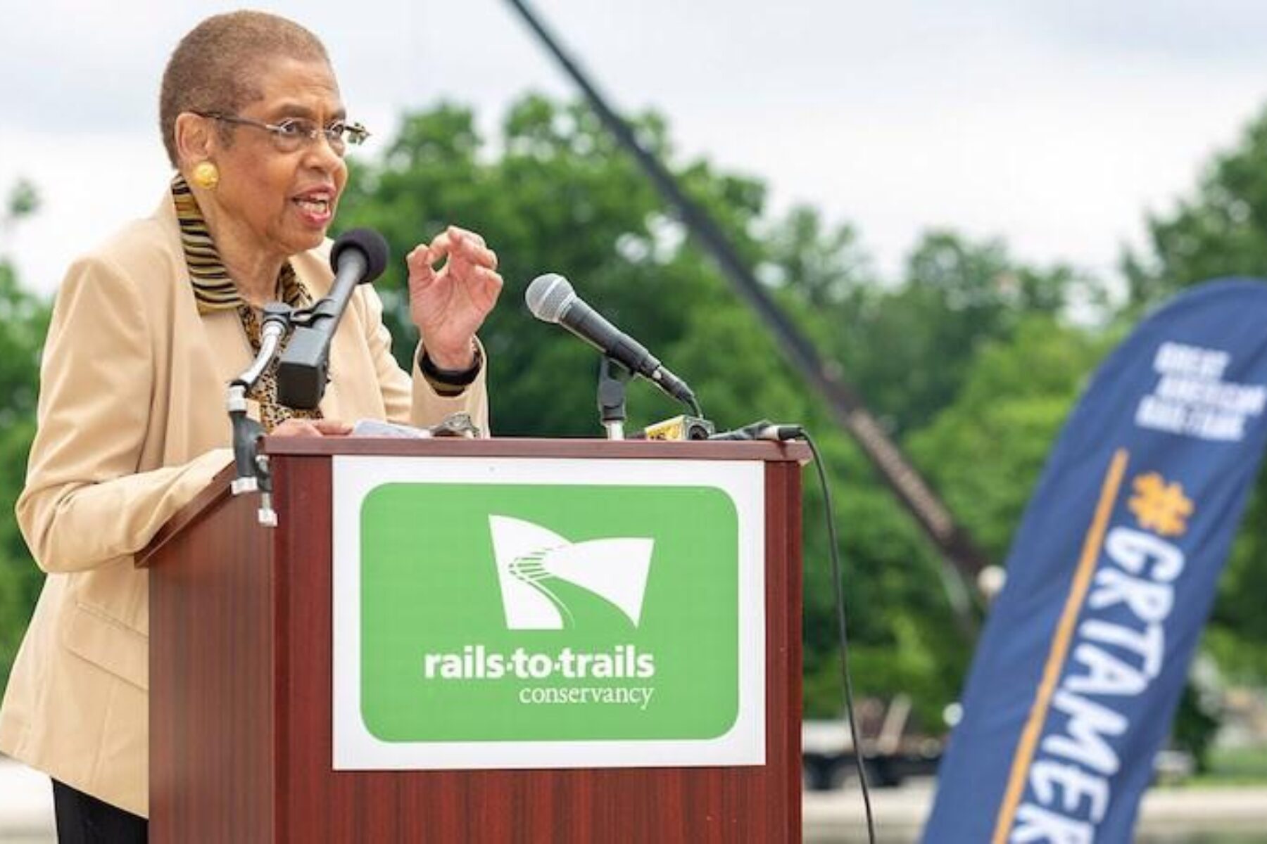 Rep. Eleanor Holmes Norton delivering her keynote remarks at the May 8, 2019, launch of the Great American Rail-Trail in Washington, D.C. | Courtesy RTC