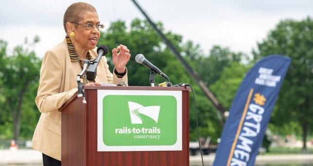 Rep. Eleanor Holmes Norton delivering her keynote remarks at the May 8, 2019, launch of the Great American Rail-Trail in Washington, D.C. | Courtesy RTC