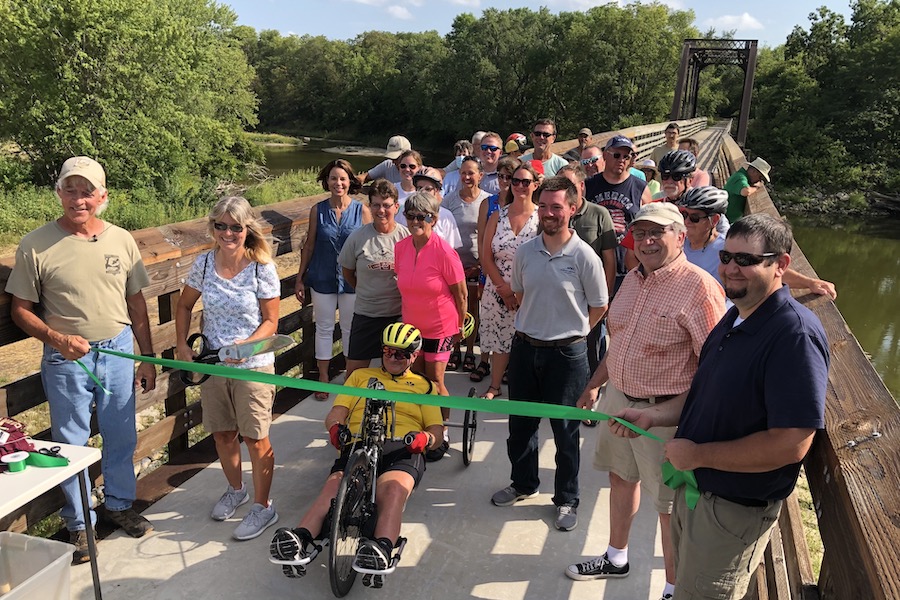 Ribbon cutting on August 25, 2021 to open a re-constructed bridge on the RRVT | Photo by John Brunow