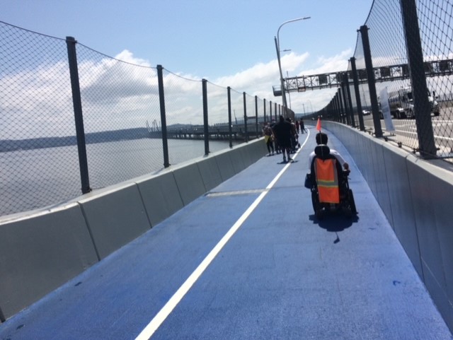 Saul Brownstein hiking on the Mario Cuomo Bridge (over the Hudson River) in New York | Photo by Dan Brownstein