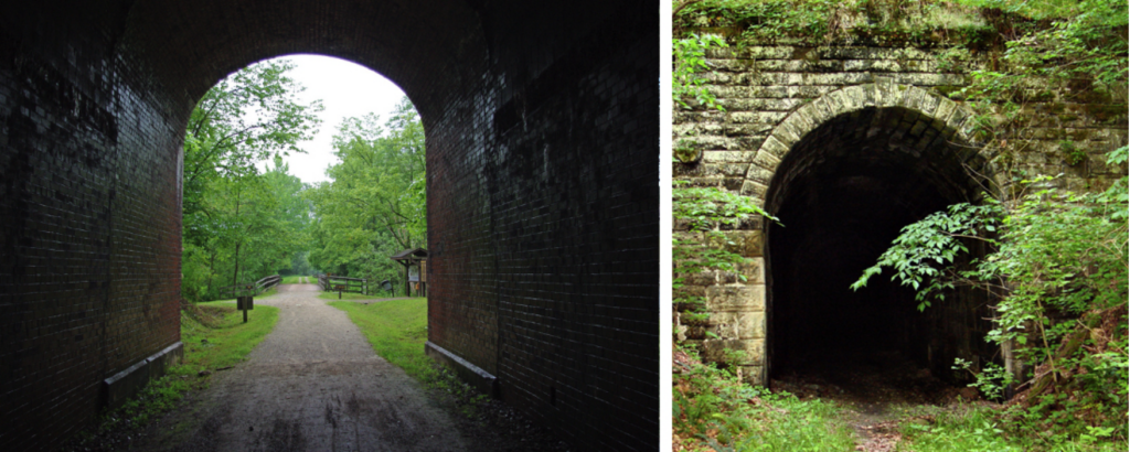 There were once 23 tunnels along the corridor. Today, 10 of those tunnels are passable for rail-trail traffic. | Left photo courtesy Paul-W, CC by 2.0 | Right photo courtesy Mike Tewkesbury, CC by 2.0